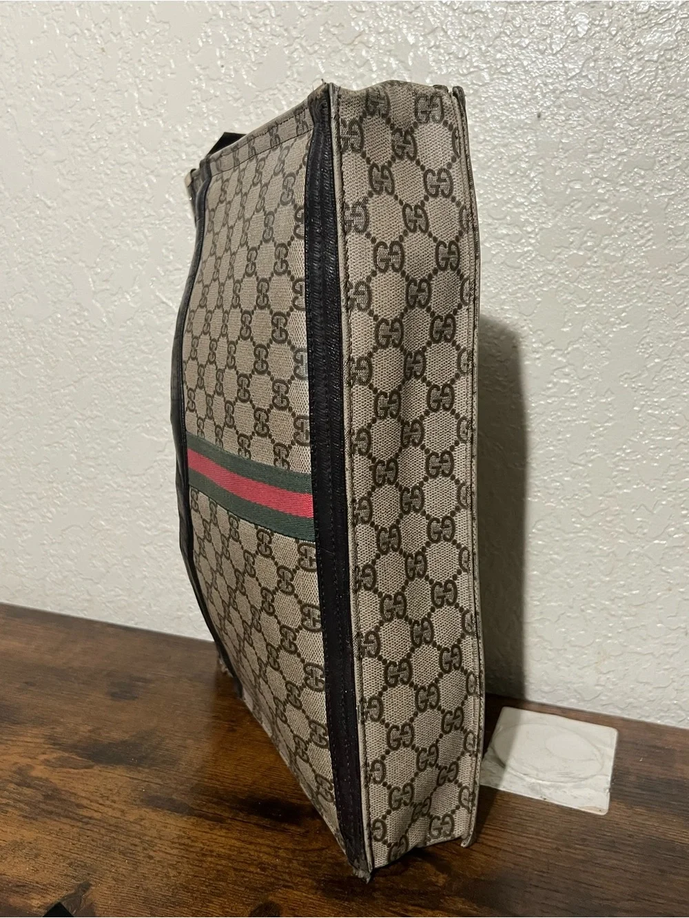 Gucci Beige Monogram Canvas Briefcase with Red & Green Web Stripe